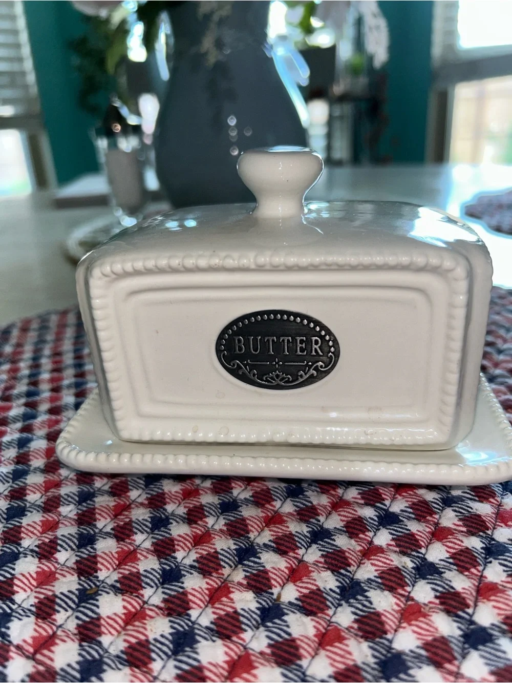 White Ceramic Butter Dish with Lid and Decorative Plaque